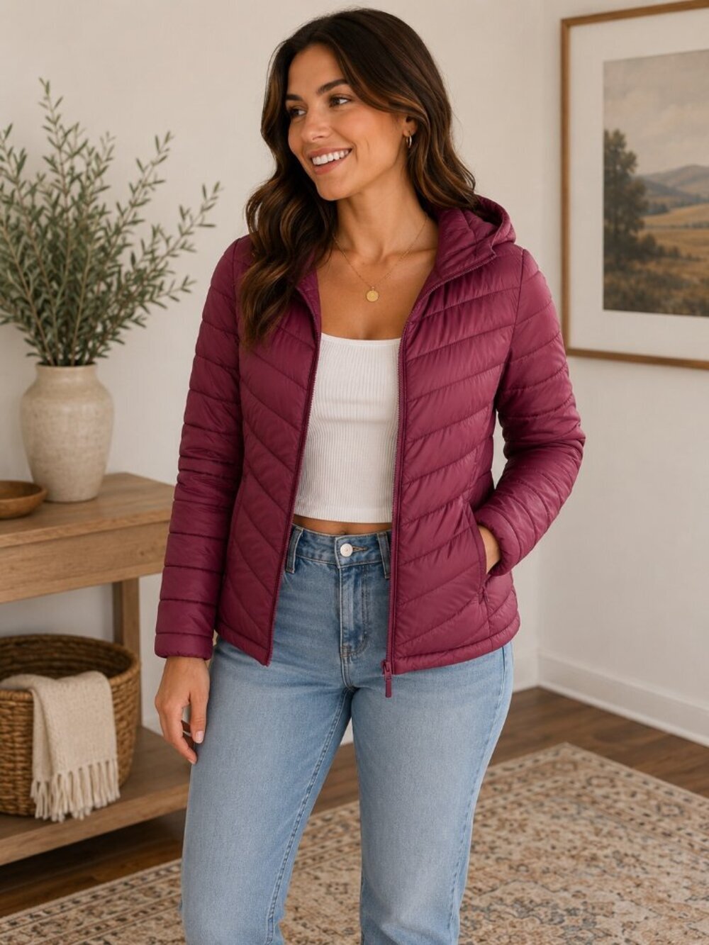 Lucas Lightweight Hooded Puffer Jacket Burgundy Plum Zip Coat Size Small